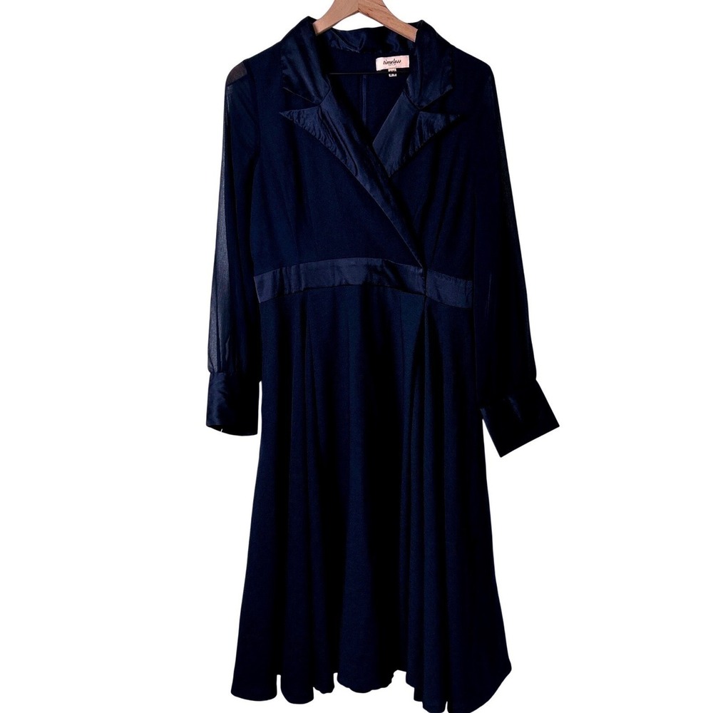 Timeless London Womens Midi Dress Navy Blue Size 10 Satin Trim Sheer Sleeve